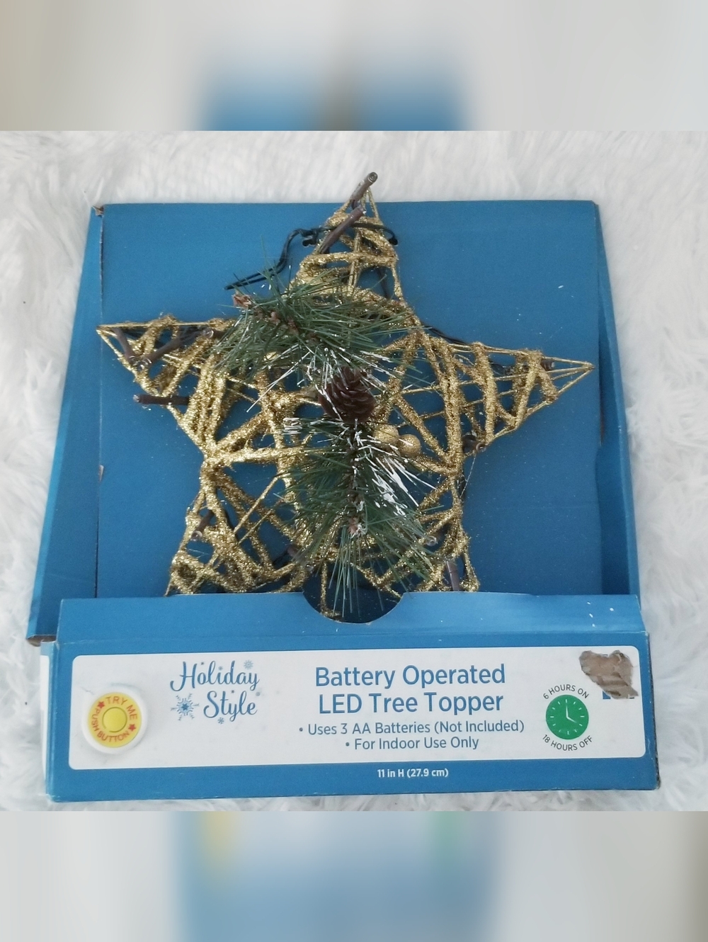 Gold Glitter LED Star Tree Topper with Pine Accent